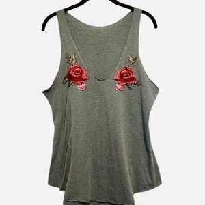Women's Grey Tank Top With Embroidered Roses XL